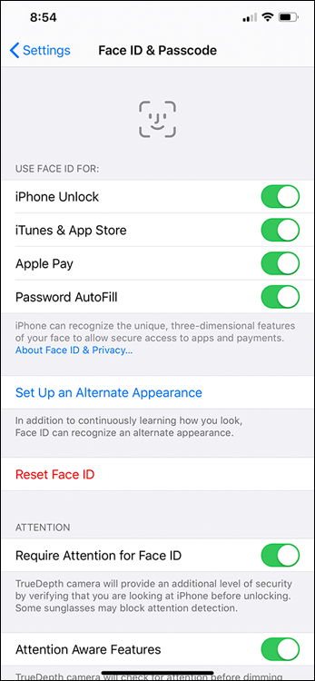 Screen capture depicting Face ID and Passcode page in an iPhone.