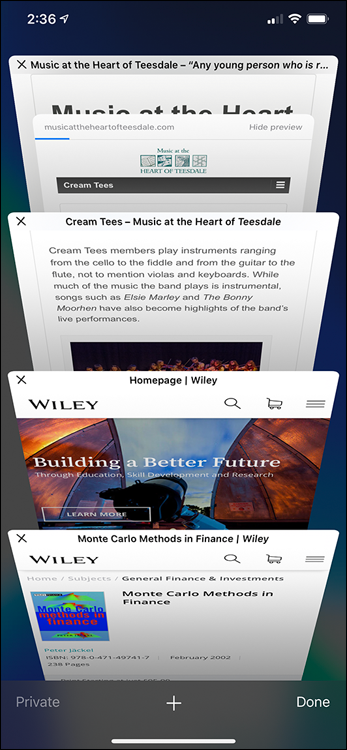 Screen capture depicting multiple screens of Browser tabs in an iPhone.