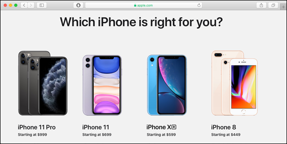 Screen capture depicting apple.com web page in Safari browser with iPhone 11 Pro, iPhone 11, iPhone XR, and iPhone 8 profiles and starting prices.