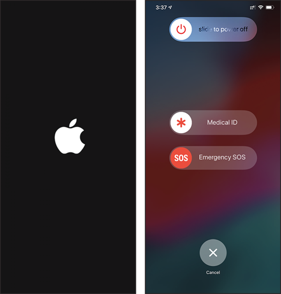 Screen captures of the iPhone screen with the Apple logo on a blank screen (left) and Slide to power off, Medical ID, Emergency SOS, and Cancel options (right).