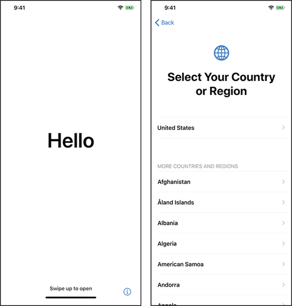 Screen captures depicting Hello screen (left) and Select Your Country or Region screen (right) with iPhone with Swipe up to open message (left) and Countries and Regions listed (right).