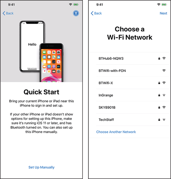 Screen captures depicting Quick Start (left) and Choose a Wi-Fi Network screen (right) with “Bring your current iPhone near this” message and Set Up Manually option (left) and Wi-Fi networks listed with Choose Another Network option (right).
