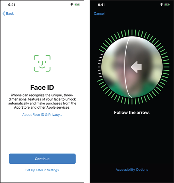 Screen captures depicting Face ID (left) and camera screen (right) with Continue and Set Up Later in Settings options (left) and left arrow on screen with the message “Follow the arrow” and Accessibility Options option (right).