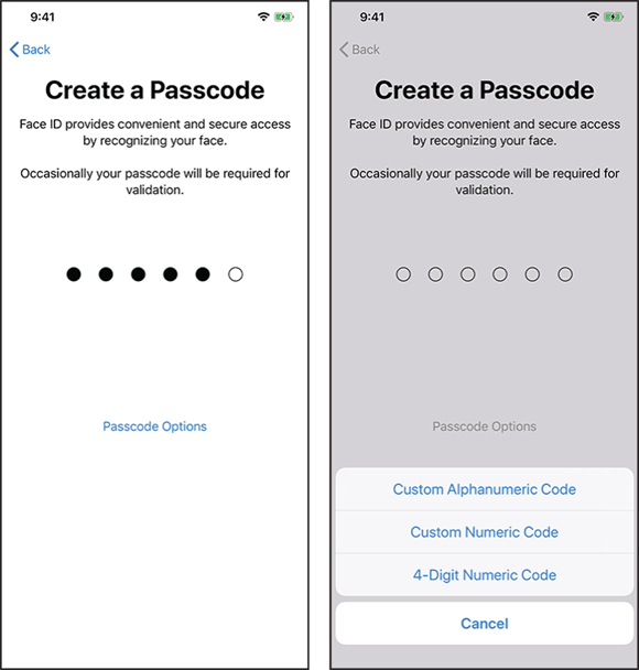 Screen captures depicting Create a Passcode (left) and Passcode Options (right) with five digits of a six-digit passcode entered (left) and Custom Alphanumeric Code, Custom Numeric Code, and 4-Digit Numeric Code options (right).