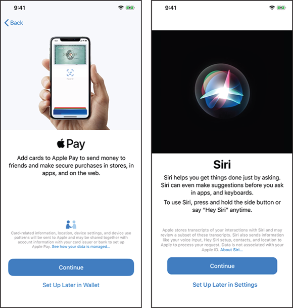 Screen captures depicting Apple Pay screen (left) and Siri screen (right) with Continue and Set Up Later in Wallet options (left) and Continue and Set Up Later in Settings options (right).
