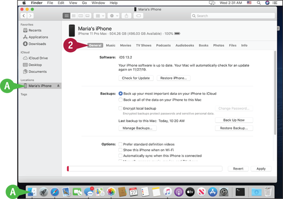 Screen capture depicting Finder button and Maria's iPhone marked A and General tab marked 2.