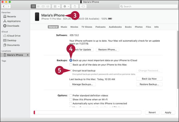 Screen capture depicting Maria's iPhone, backup radio button, Encrypt local backup marked 3, 4, 5 respectively.