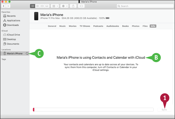 Screen capture depicting Maria's iPhone and sync progress message marked B and C respectively.
