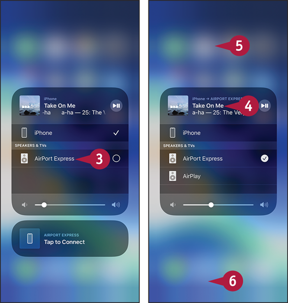 Screen captures depicting Choosing an AirPlay Device for Audio marked 3 to 6.
