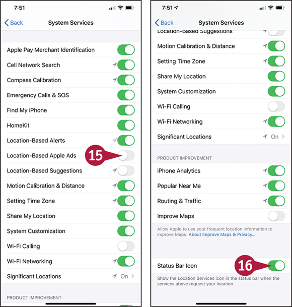Screen captures depicting Choosing Privacy and Location Settings with 15 to 16 marked.