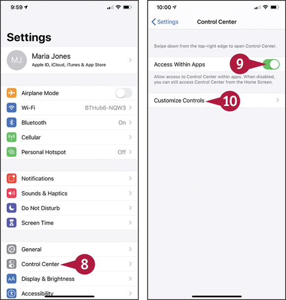 Screen captures depicting Choosing Locking and Control Center Settings with 8 to 10 marked.