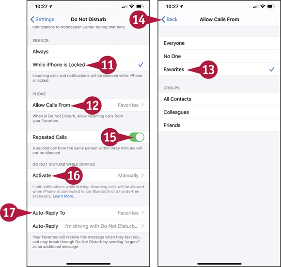 Screen captures depicting Setting Up and Using Do Not Disturb Mode with 11 to 17 marked.