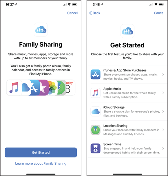 Screen captures depicting Accessing the Family Sharing Controls.