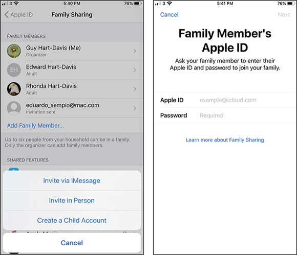 Screen captures depicting Adding a Family Member to Family Sharing.