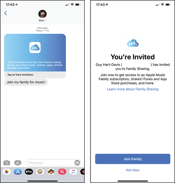 Screen captures depicting Accepting an Invitation to Family Sharing.