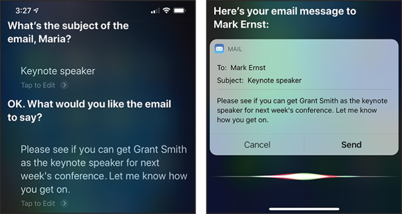 Screen capture depicting Sending an E-Mail Message by Siri.
