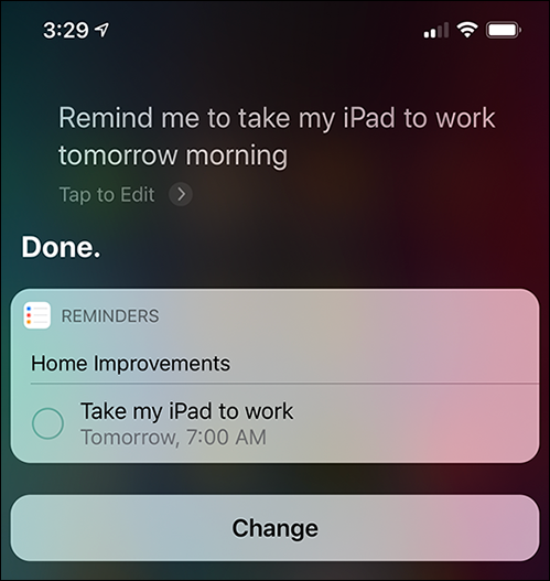 Screen capture depicting Setting a Reminder for Yourself by Siri.