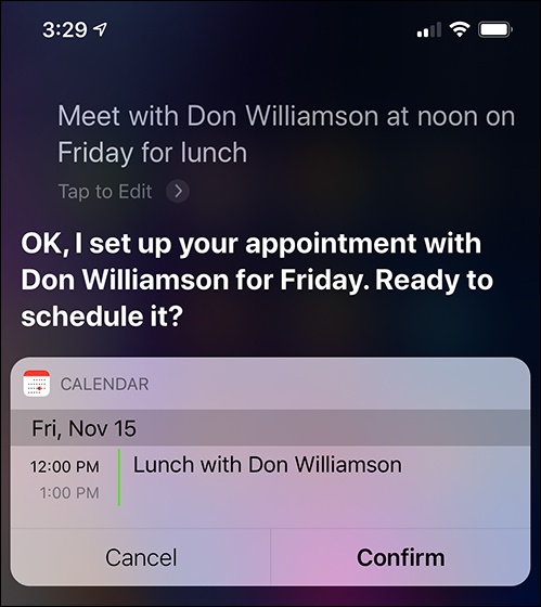 Screen capture depicting Text Message typed by Siri.