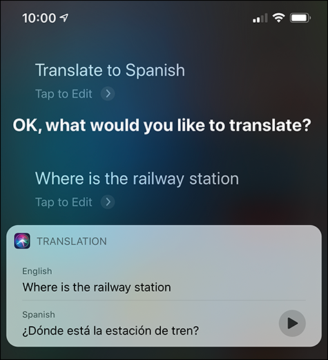 Screen capture depicting Translating to Another Language by Siri.