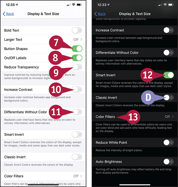Screen captures depicting Configuring Other Accessibility Features with 7 to 13 marked.
