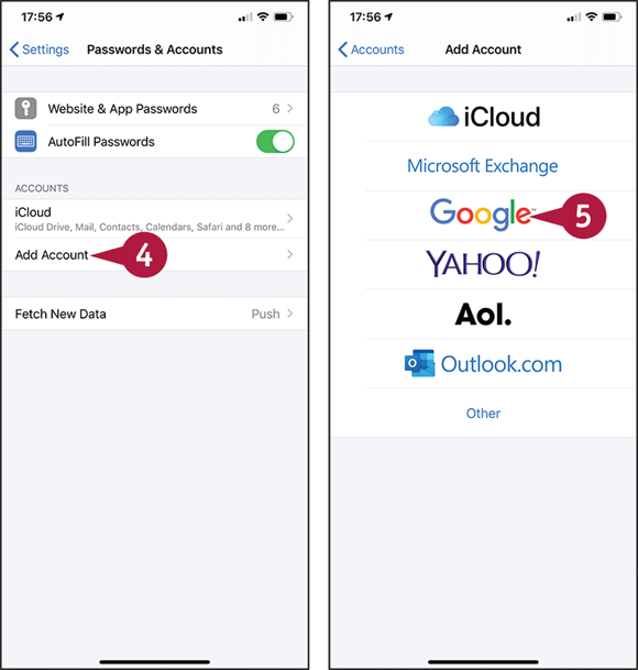 Screen captures depicting Setting Up Your Mail Accounts with 4 and 5 marked.