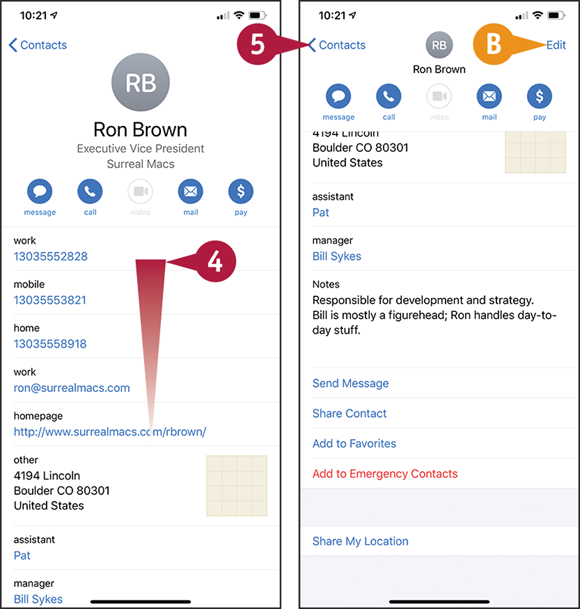 Screen captures depicting Browsing or Search for Contacts with 4 to 5, B marked.