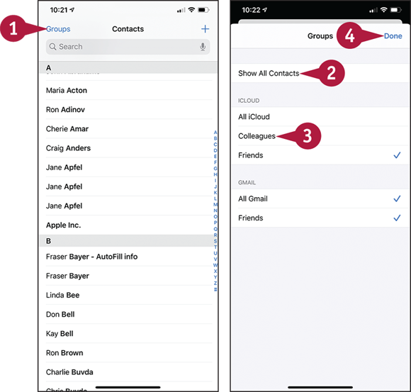 Screen captures depicting Choosing Which Groups of Contacts to Display with 1 to 4, B marked.