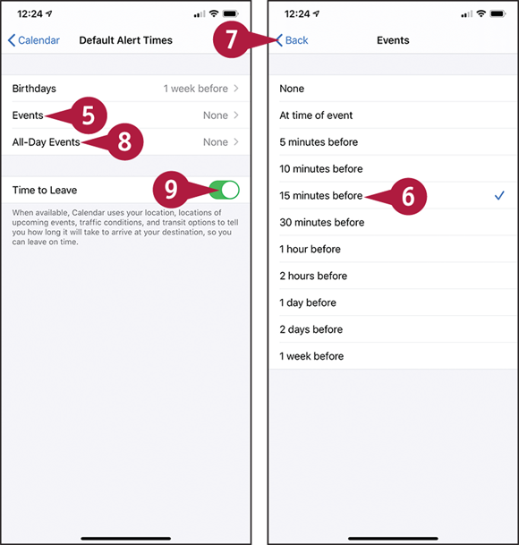 Screen captures depicting Choosing Default Alert Options for Calendar Events with 5 to 9 marked.