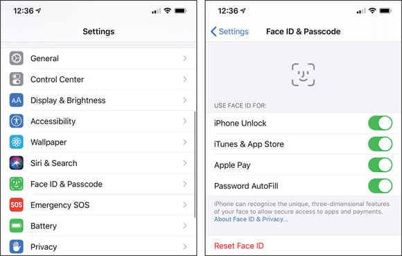 Screen captures depicting Setting Apple Pay to Use Face ID.