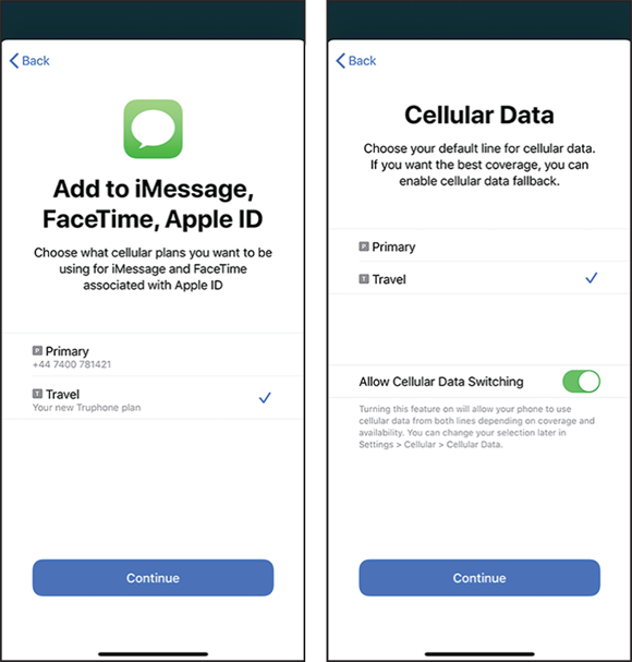 Screen captures depicting Add to iMessage, FaceTime, Apple ID and Data screens.