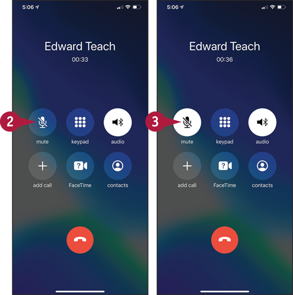 Screen captures depicting Muting a Call or Putting a Call on Hold with 2, 3 marked.