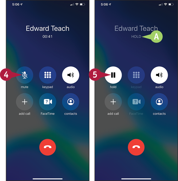 Screen captures depicting Muting a Call or Putting a Call on Hold with 4, 5 marked.