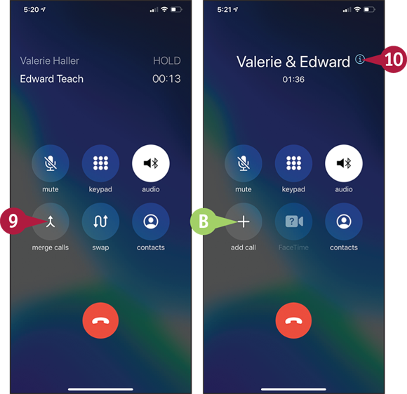 Screen captures depicting Making a Conference Call with 9, 10 marked.