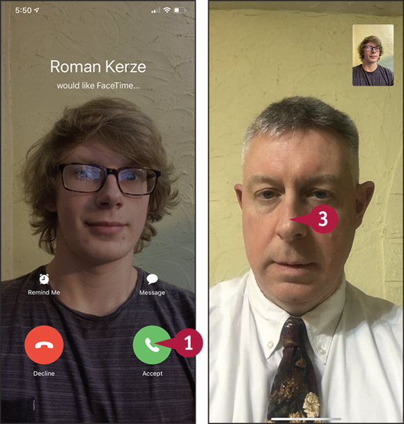 Screen captures depicting Making Video Calls Using FaceTime with 1 and 3 marked.