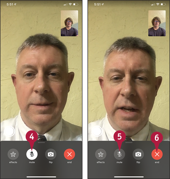 Screen captures depicting Making Video Calls Using FaceTime with 4 to 6 marked.
