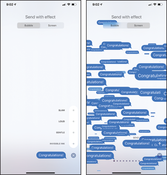 Screen captures depicting Sending a Message with Effect.