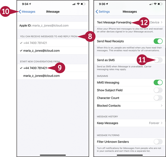 Screen captures depicting Choosing Settings for Messages with 8 to 12 marked.