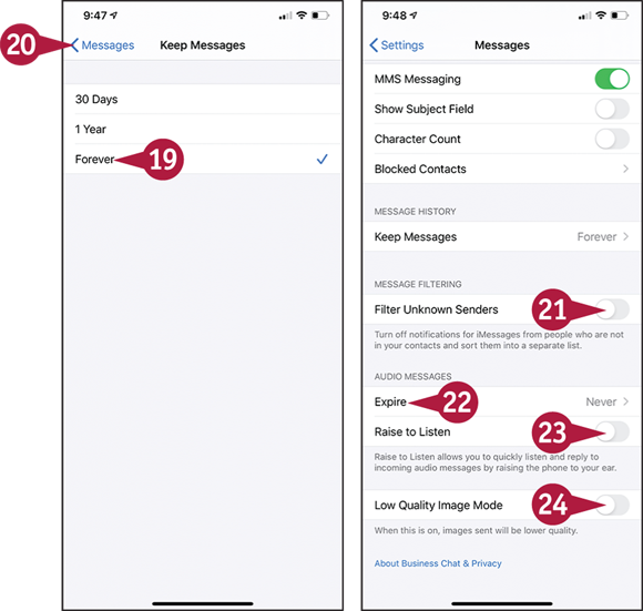 Screen captures depicting Choosing Settings for Messages with 19 to 24 marked.