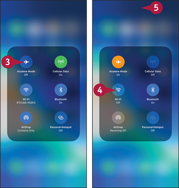 Screen captures depicting Using Airplane Mode with 3 to 5 marked.