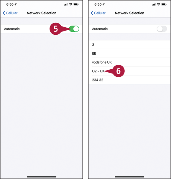Screen captures depicting Connecting Your iPhone to a Different Carrier with 5 to 6 marked.