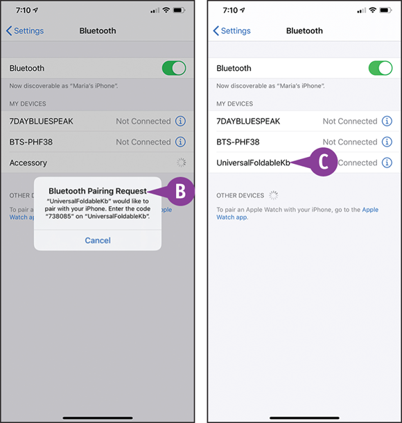 Screen captures depicting Connecting Bluetooth Devices to Your iPhone with B to C marked.