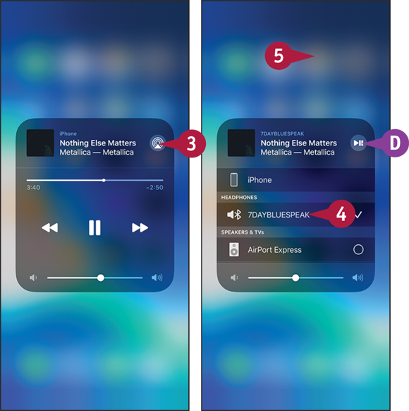 Screen captures depicting Choosing the Device for Playing Audio or Taking a Call with 3 to 5 marked.