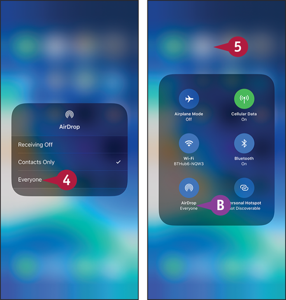 Screen captures depicting Sharing Items via AirDrop with 4 to 5 marked.