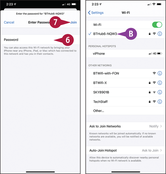 Screen captures depicting Connect to Wi-Fi Networks and Hotspots with 6 to 7 marked.