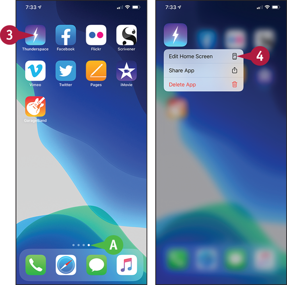 Screen captures depicting Customizing the Home Screen with 3 to 4 marked.
