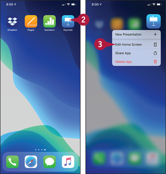 Screen captures depicting Organizing Apps with Folders with 2 to 3 marked.