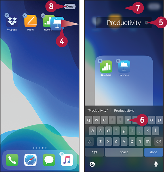 Screen captures depicting Organizing Apps with Folders with 4 to 8 marked.