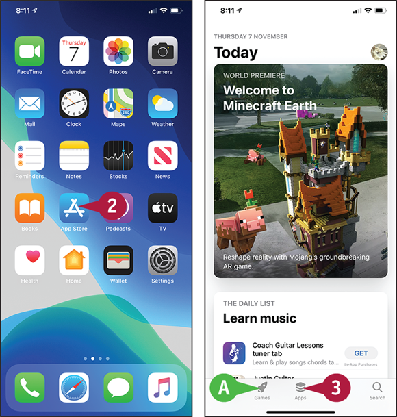 Screen captures depicting Find Apps on the App Store with 2 to 3 marked.