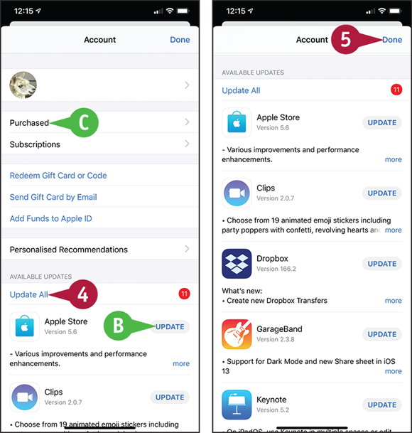 Screen captures depicting Updating and Removing Apps with 4 to 5 marked.