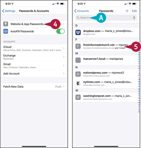 Screen captures depicting Managing Your App and Website Passwords with 4 to 5 marked.